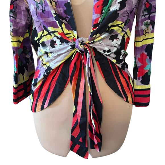 Vintage Mishca Tie Front Popover Blouse Size Medium 3/4 Sleeves Abstract Print - Picture 7 of 10